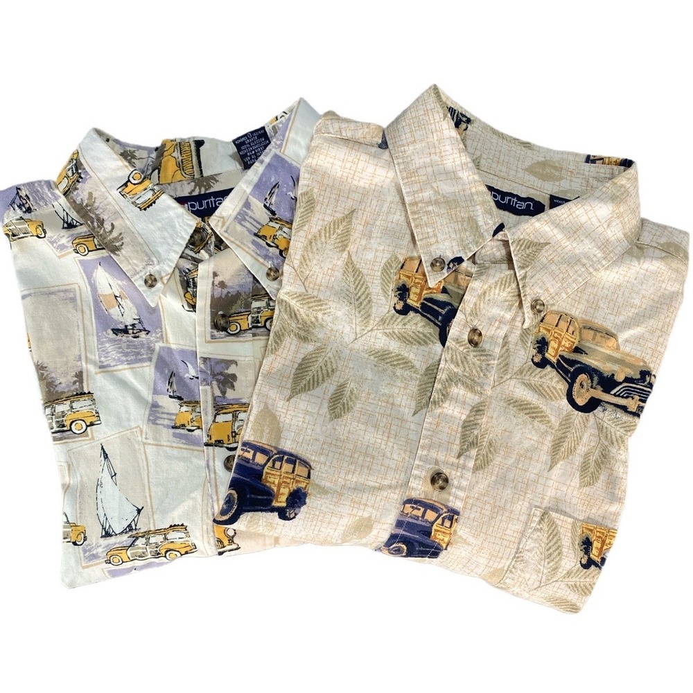 LOT OF 2 Puritan Men's VTG Classic Car Shirts Cotton Hawaiian Sport Button‎ Down